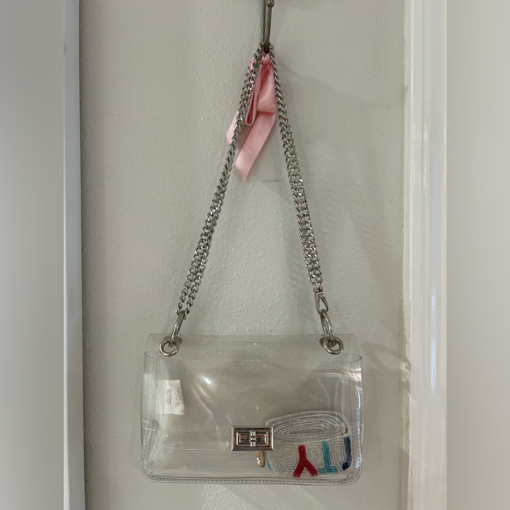 clear purse with silver chain from boutique